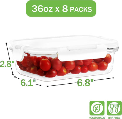 36oz Large Glass Meal Prep Containers with lids, Glass Food Storage Containers with Leak Proof Snap Lock Lids, Airtight Bento lunch Boxes, Kitchen Storage, Oven, Freezer and Dishwasher Safe