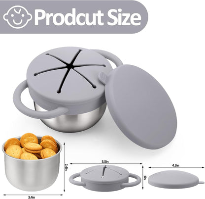 BUSOHA 2 Pack Stainless Steel Toddler Snack Cups - 9 OZ Spill-Proof Baby Snack Containers with Silicone Catcher and Lid Travel Snack Containers for Kids Food Grade Silicone Dishwasher Safe