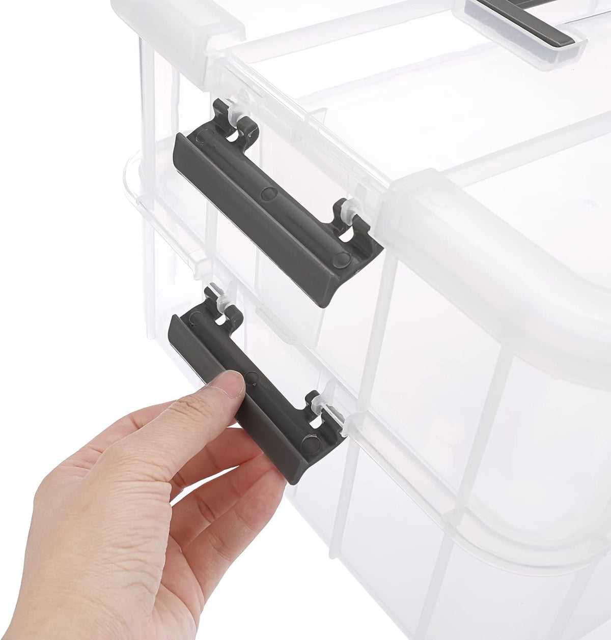 JUXYES 2-Tiers Stack Carry Storage Box With Handle, Transparent Stackable Storage Bin With Handle Lid Latching Storage Container for School & Office Supplies (Red)