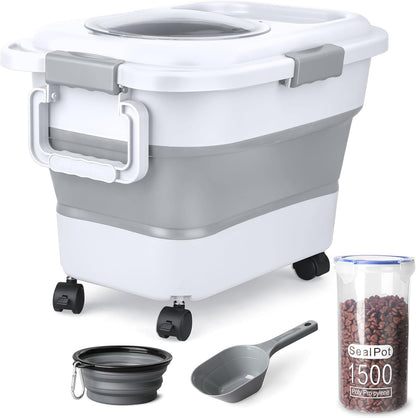 Dog Food Storage Container，10-25 lbs Airtight Collapsible Cat Food Storage Container with Attachable Wheels, Portable Handle, Dog Food Scoop for Dog Cat Bird Pet Dry Food Storage Bin Dark Grey