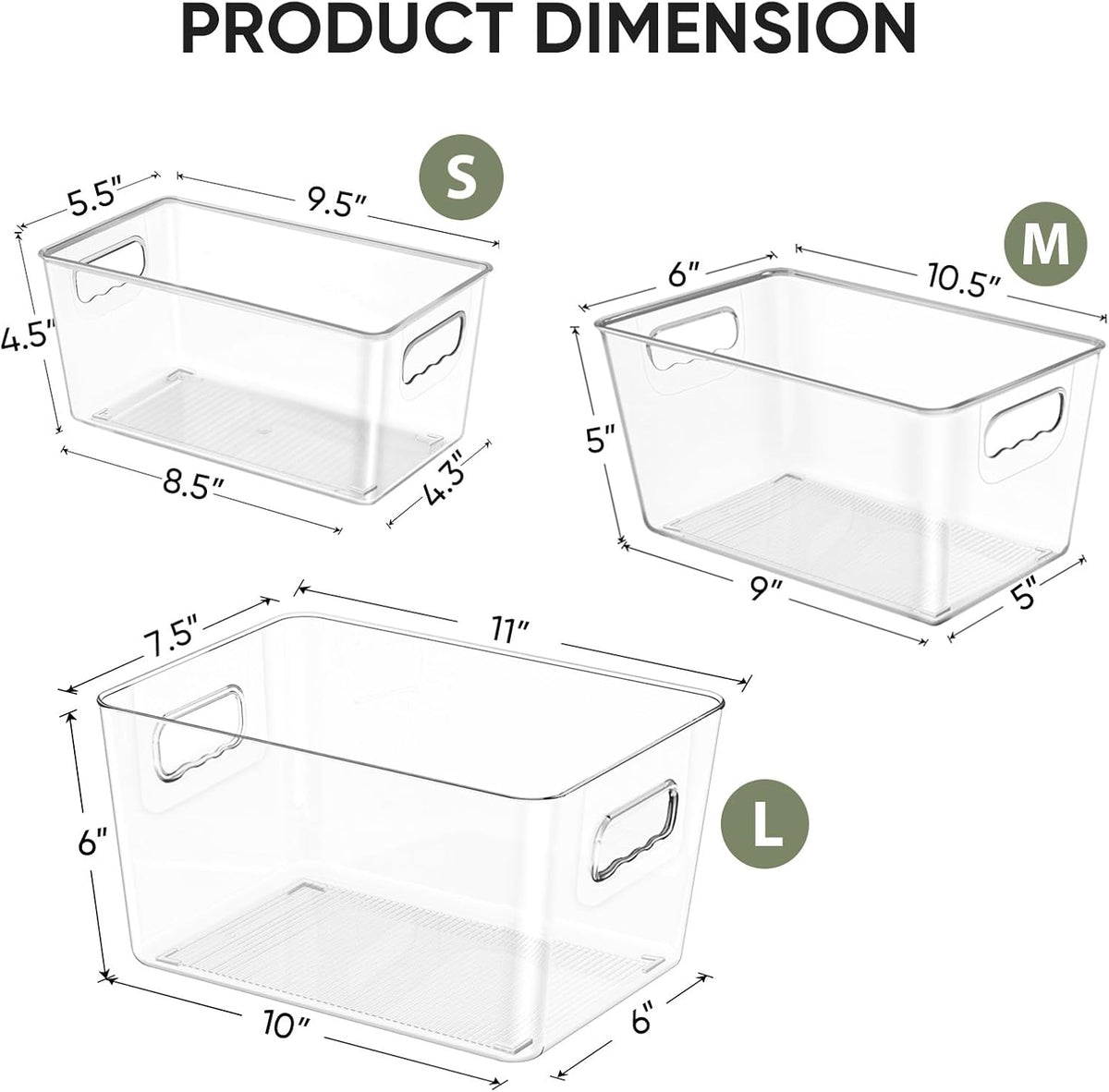 BALEINE Clear Plastic Storage Bins with 3 Removable Dividers, Pantry Organization, BPA Free Stackable Refrigerator Organizers and Storage for Kitchen Fridge Cabinet Bathroom (10.5x6.1x3.5, 4PK)