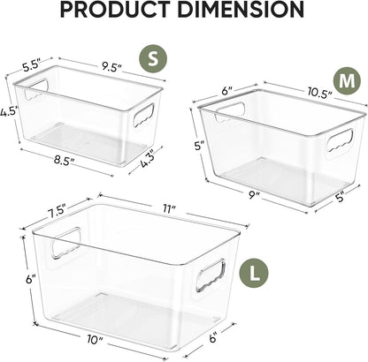 BALEINE Clear Plastic Storage Bins with 3 Removable Dividers, Pantry Organization, BPA Free Stackable Refrigerator Organizers and Storage for Kitchen Fridge Cabinet Bathroom (10.5x6.1x3.5, 4PK)