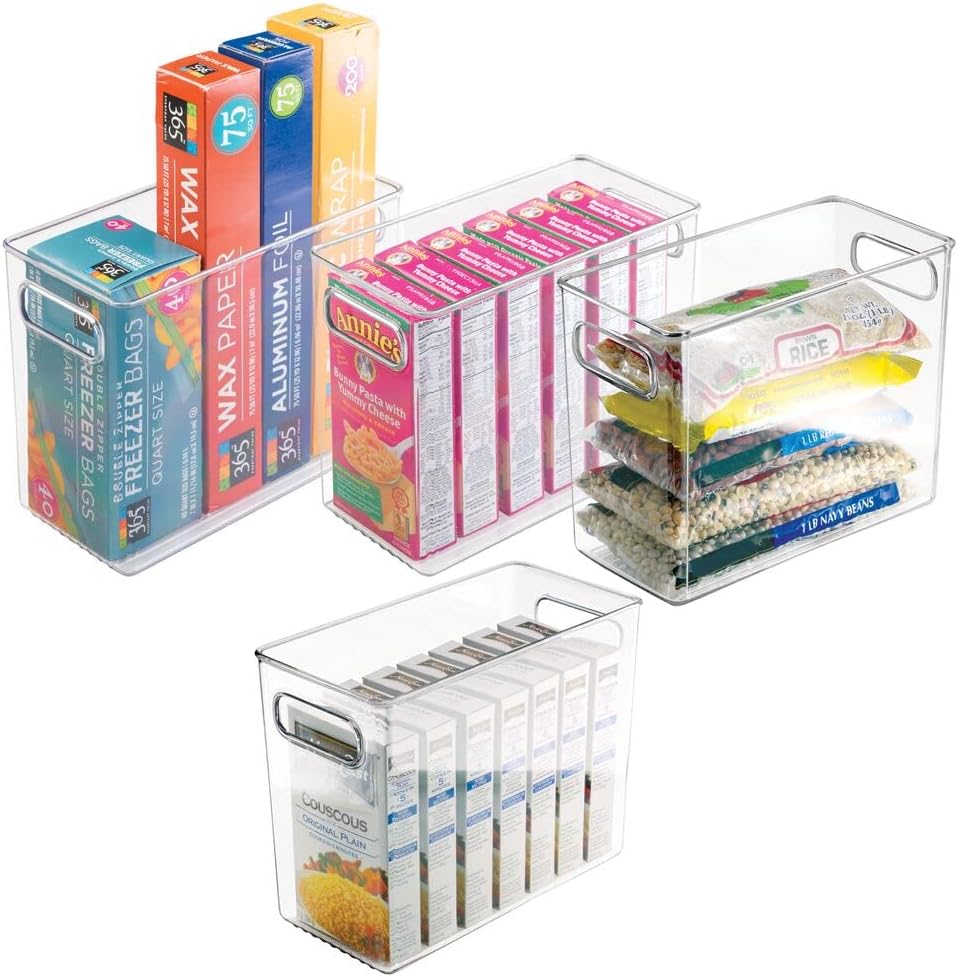 mDesign Plastic Deep Kitchen and Pantry Organizer Storage Bin with Handles for Cabinet, Fridge, Freezer - Food Storage Containers for Snacks, Yogurt Pouches or Fruit, Ligne Collection, 4 Pack, Clear