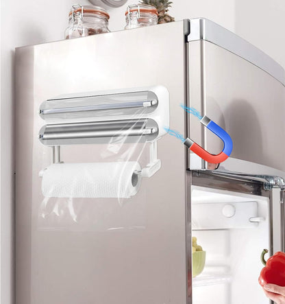 AUSTUFF 3 in 1 Plastic Wrap Dispenser with Cutter，Magnetic Aluminum Foil and Adhesive Film Organizer, Wall Mount Kitchen Wrap Organizer, Cling Wrap Dispenser with Paper Towel Holder and Cutter
