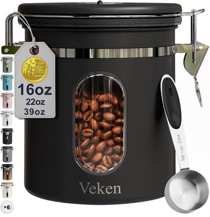 Veken Coffee Canister with Window, Family Choice Awards Winner, Airtight Stainless Steel Home Kitchen Food Storage Container with Lids for Grounds, Beans, Tea, Flour,Cereal,Sugar Jars,Scoop,16OZ,Black