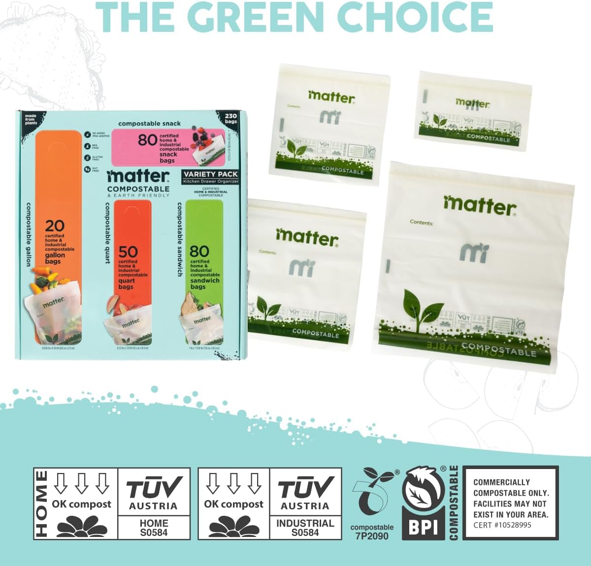 Matter Compostable Assorted Kitchen Bags, 230 Count, Biodegradable, Eco-Friendly Resealable Food Storage Variety Pack, 80 Snack, 80 Sandwich, 50 Quart & 20 Gallon