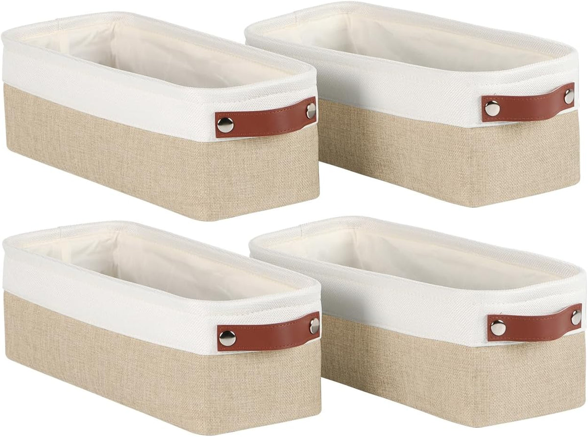 Univivi 4PC Small Fabric Storage Bins,15x6x5 inch Long Narrow Storage Baskets with PU Handles for Closet,Cabinet,Countertop Organizing Small Items (Gray,15x6x5 inch)