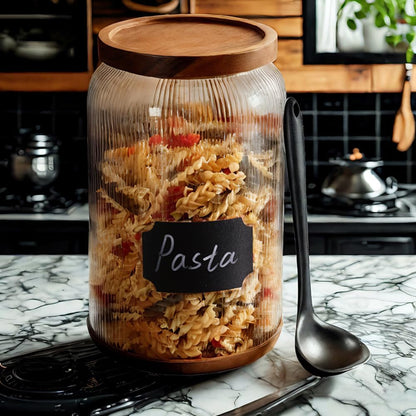SAIOOL 2-Pack Striped Borosilicate Glass Airtight Canisters - Big mouth Large Capacity, Acacia Wood Lid, Food Storage Jars for Flour, Pasta, Pantry Organization (1/2 Gallon （Yellow Press lid 2 pack）)
