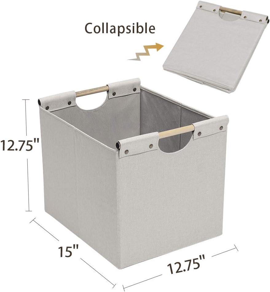 HOONEX Large Collapsible Storage Bins, Linen Fabric, Pack of 2, Storage Baskets with Wooden Carry Handles and Sturdy Heavy Cardboard, for Home, Office, Car, Nursery, Black
