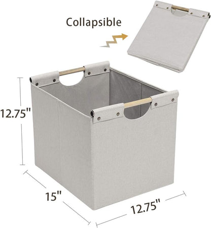 HOONEX Large Collapsible Storage Bins, Linen Fabric, Pack of 2, Storage Baskets with Wooden Carry Handles and Sturdy Heavy Cardboard, for Home, Office, Car, Nursery, Black