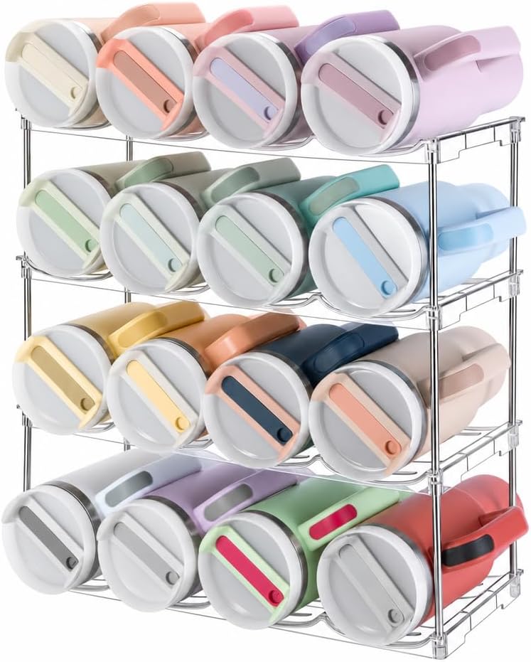 Water Bottle Organizer for Cabinet, Large Compartment Tumbler Organizer for Stanley 40oz Tumbler, Stackable Stanley Cup Organizer Holder for Cabinet, Kitchen Countertop Organization & Storage, 4 Pack
