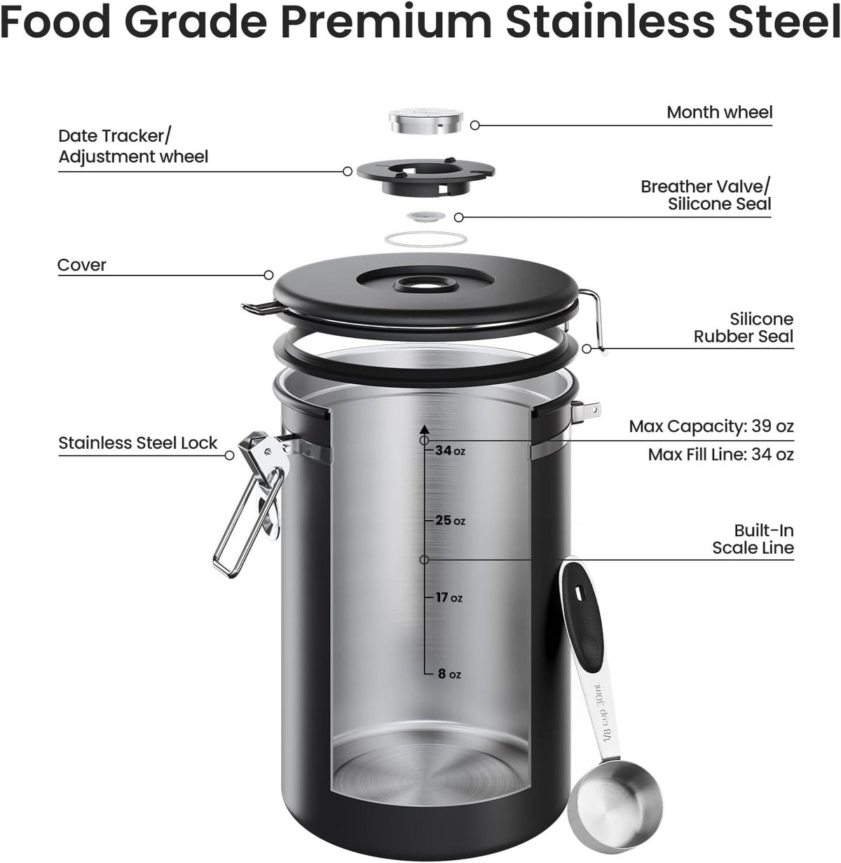 Veken Coffee Canister, 39OZ Large, Mothers Day Gifts For Women, Airtight Stainless Steel Food Storage Container for 2.2lbs Coffee Beans, Ground, Sugar, Tea, Flour, Cereal,Kitchen Bar Accessories,Cream