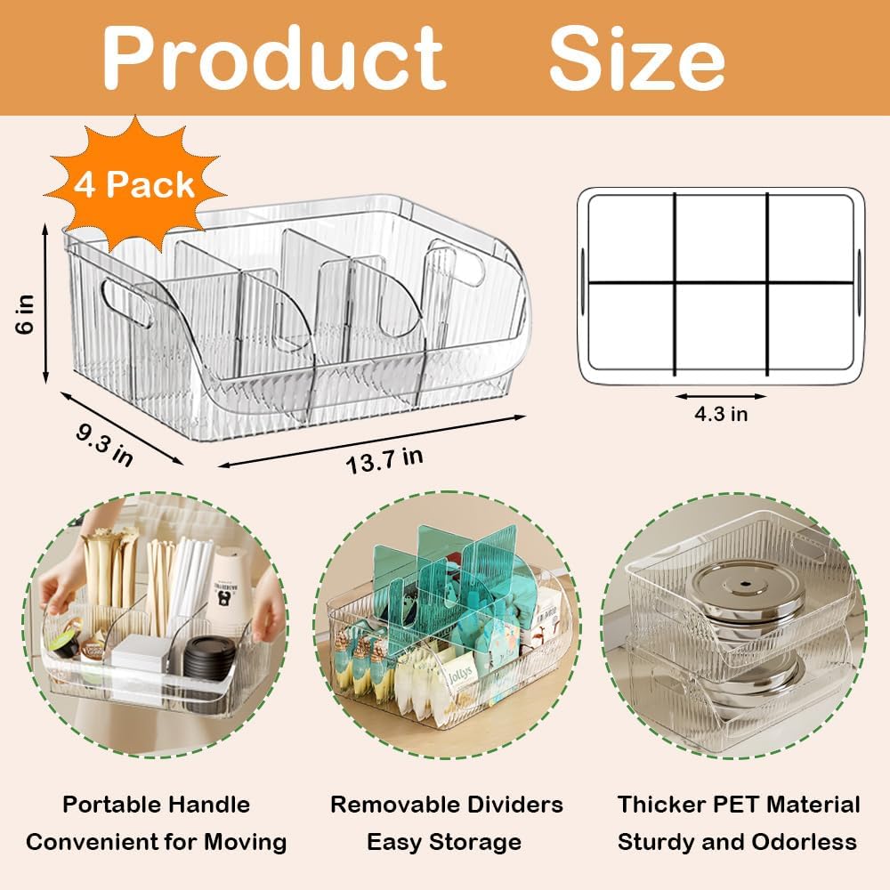 Large Snack Organizer for Countertop, 13.7"×9.3"×6" Clear Plastic Snack Storage Bin for Kitchen Pantry, 6 Compartment Snack Bar with Dividers for Cabinet, Chip Packet Holder for Office