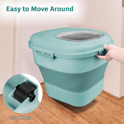Komzon Rice Storage Bin Cereal Containers, 13-50lb Collapsible Rice Container Dispenser with Transparent Lid, Rolling Wheels, Measuring Cup and Scoop, Airtight Dog Cat Pet Food Storage Container Pink
