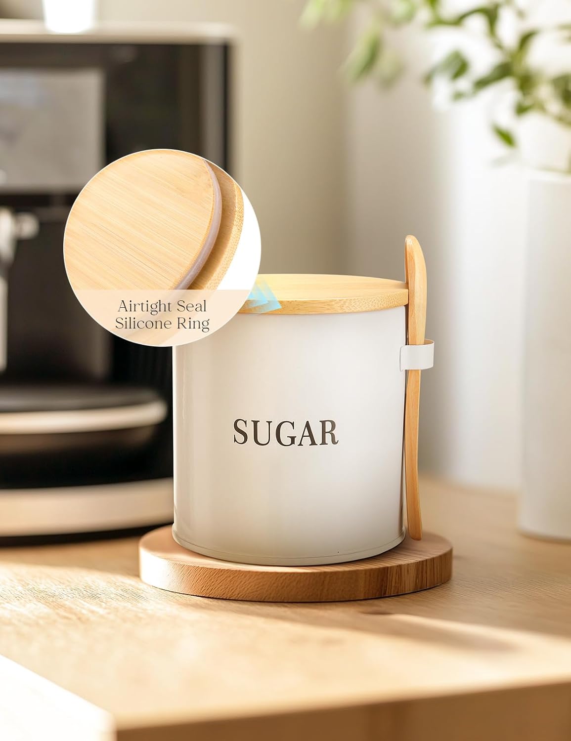 AISBUGUR Sugar Bowl with Lid and Spoon: 17oz Metal Sugar Container - Airtight Food Sugar Jar - Coffee Bar Accessories - Countertop Kitchen Decor (White)