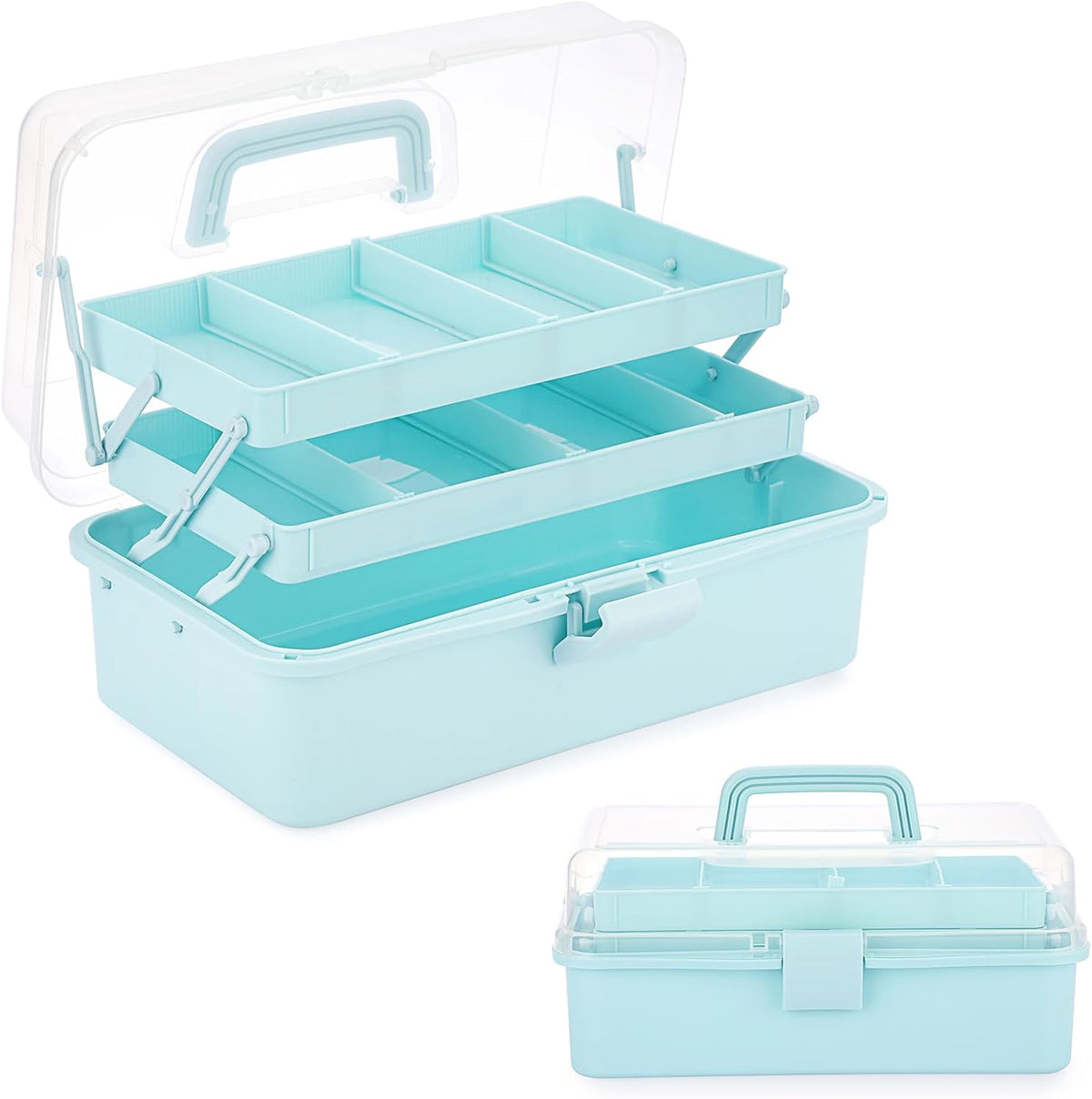 BTSKY 3-Layer Plastic Dividing Storage Box Craft Organizer and Storage with Adjustable Spacers Portable Handled Art Supply Organizer Multipurpose Home Utility Box for Medicine Sewing(Haze Green)