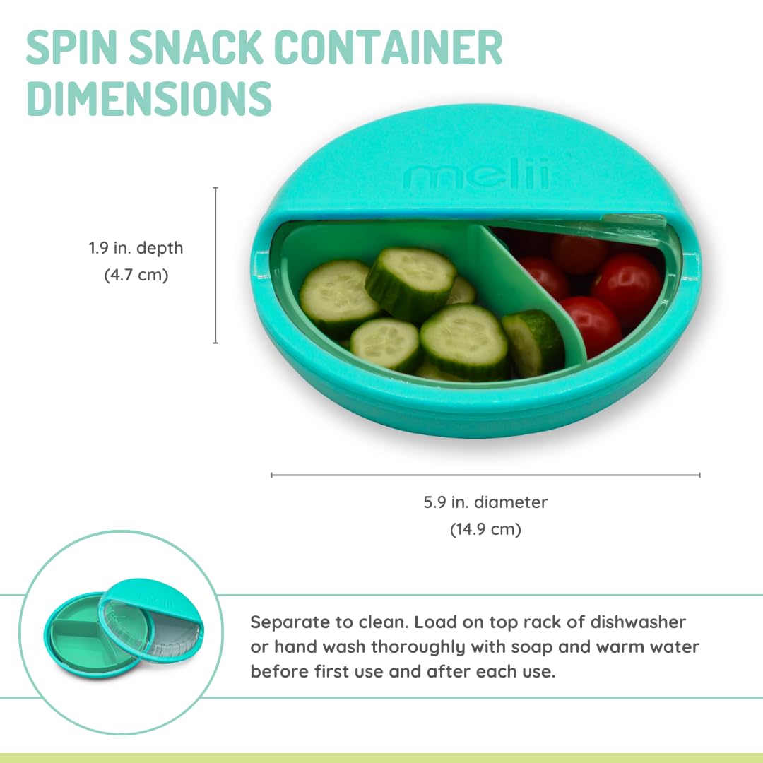 melii Spin Snack Container | 3-Compartment Rotating Snack Box with Sliding Window, BPA-Free, Dishwasher Safe, Portable Snack Container for Kids Ages 3+ (Blue)