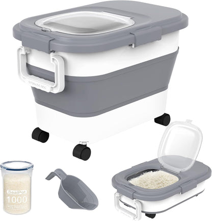 HOYTAMDAR 20-50Lbs Rice Container,Collapsible Food Storage Containers with Airtight Clear Lid,Wheels,Rice Storage Container with Small Bin and Scoop,Rice Dispenser for Flour Sugar Cereal Grain Dog Cat