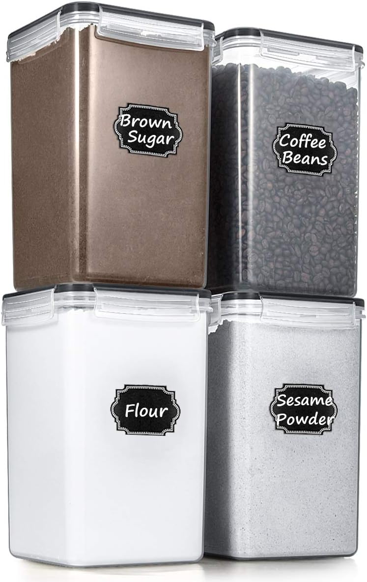 Wildone Large Food Storage Containers 5.2L /175oz, 4 Piece BPA Free Plastic Airtight Food Storage Containers for Flour, Sugar, Baking Supplies, Kitchen & Pantry Containers with 20 Labels