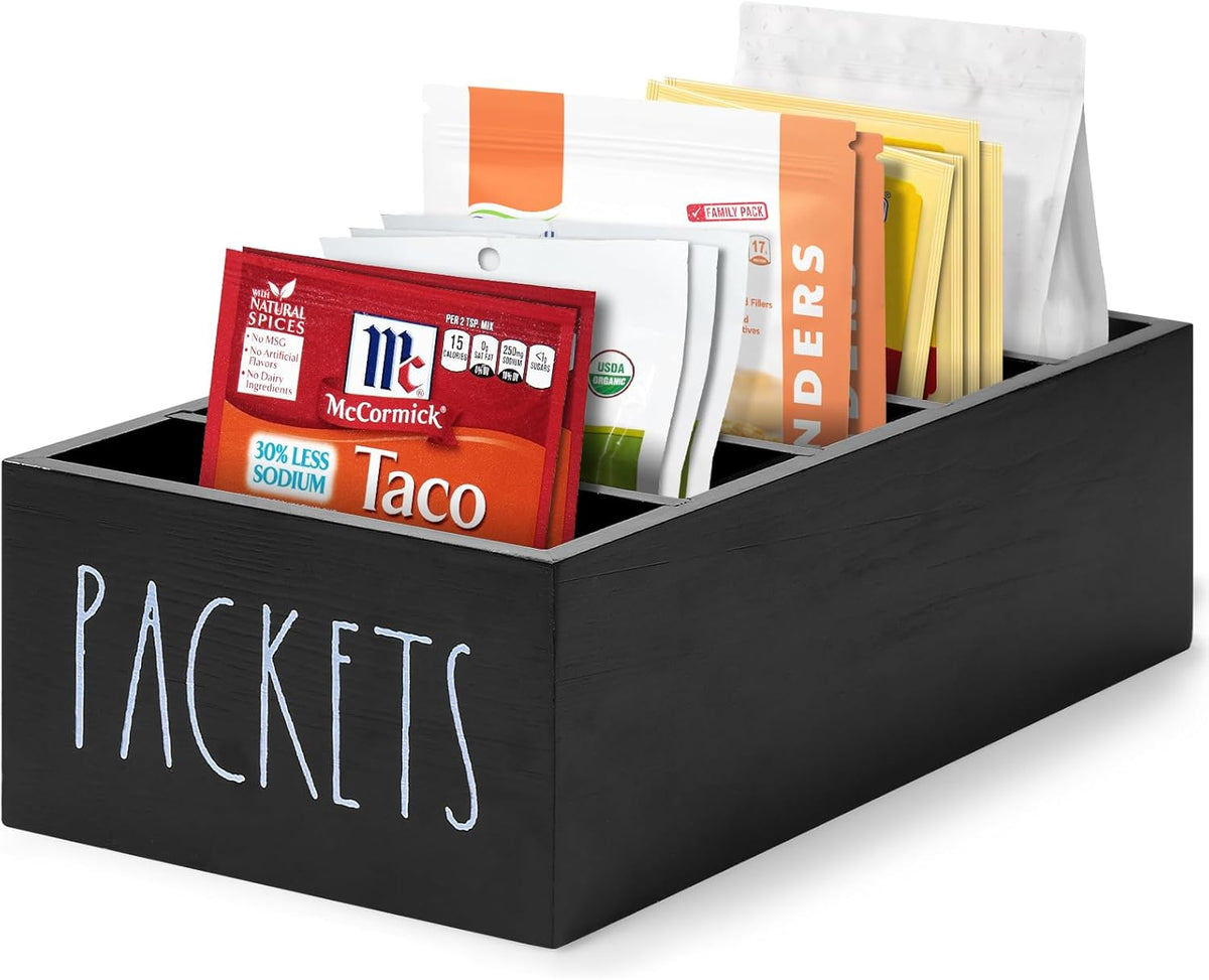 Seasoning Packet Organizer, Spice Packet Storage Organizer with 5 Compartments, Wooden Food Packet Organizer, Caddy Storage for Kitchen Pantry Cabinet, Modern Kitchen Organization Bins(Black)