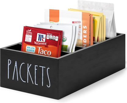 Seasoning Packet Organizer, Spice Packet Storage Organizer with 5 Compartments, Wooden Food Packet Organizer, Caddy Storage for Kitchen Pantry Cabinet, Modern Kitchen Organization Bins(Black)