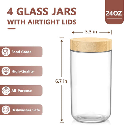 DRKIO 16 Oz Overnight Oats Containers with Bamboo Lids - 4 Pack Glass Storage Jars with Airtight Lids Wide Mouth Mason Food Jars Great for Meal Prep Salad Chia Pudding Snacks Yogurt Sugar Spice Cereal