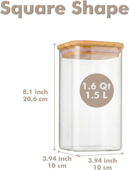 3-Pack 2.2Qt Square Glass Spaghetti Jars with Bamboo Lids, Tall Food Storage Containers for Pantry Organization, Elegant Kitchen Storage Canister for Pasta, Penne, Macaroni, Lasagna, Fusilli