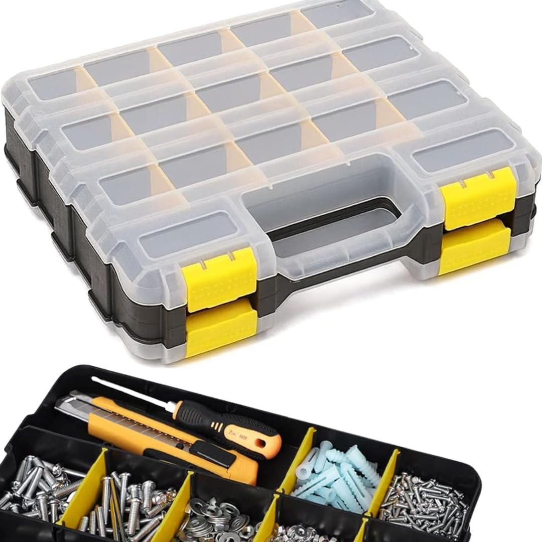 Andalus Tools Organizer Box, Small Parts Storage 34-Compartment Double-Sided Portable Hardware Organizer Removable Plastic Dividers for Screws, Nuts, Bolts, Nails – Orange (12.5" x 10.5" x 3")