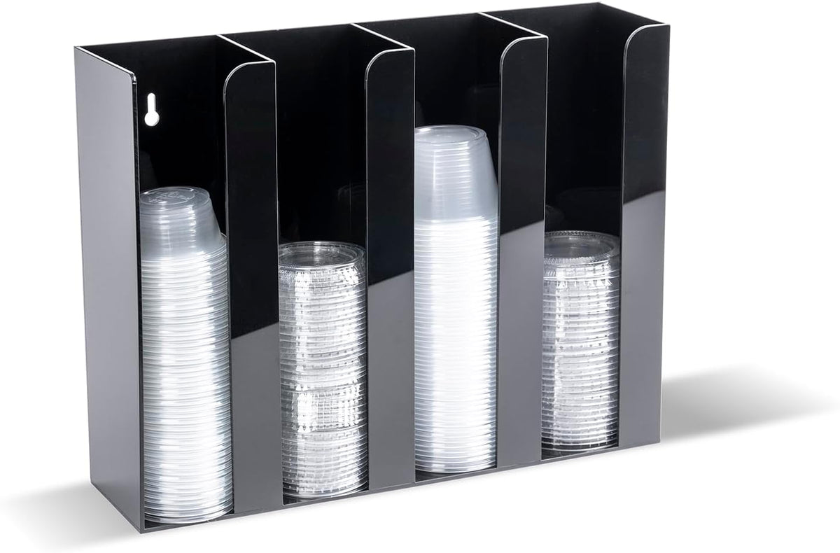 Inevibe Portion Cup and Lid Holder - 4 Compartment Acrylic Organizer for Condiment & Sauce Cups, Fits Cups 2 oz to 5.5 oz in Size, Use Dispenser on Countertop or Wall Mount