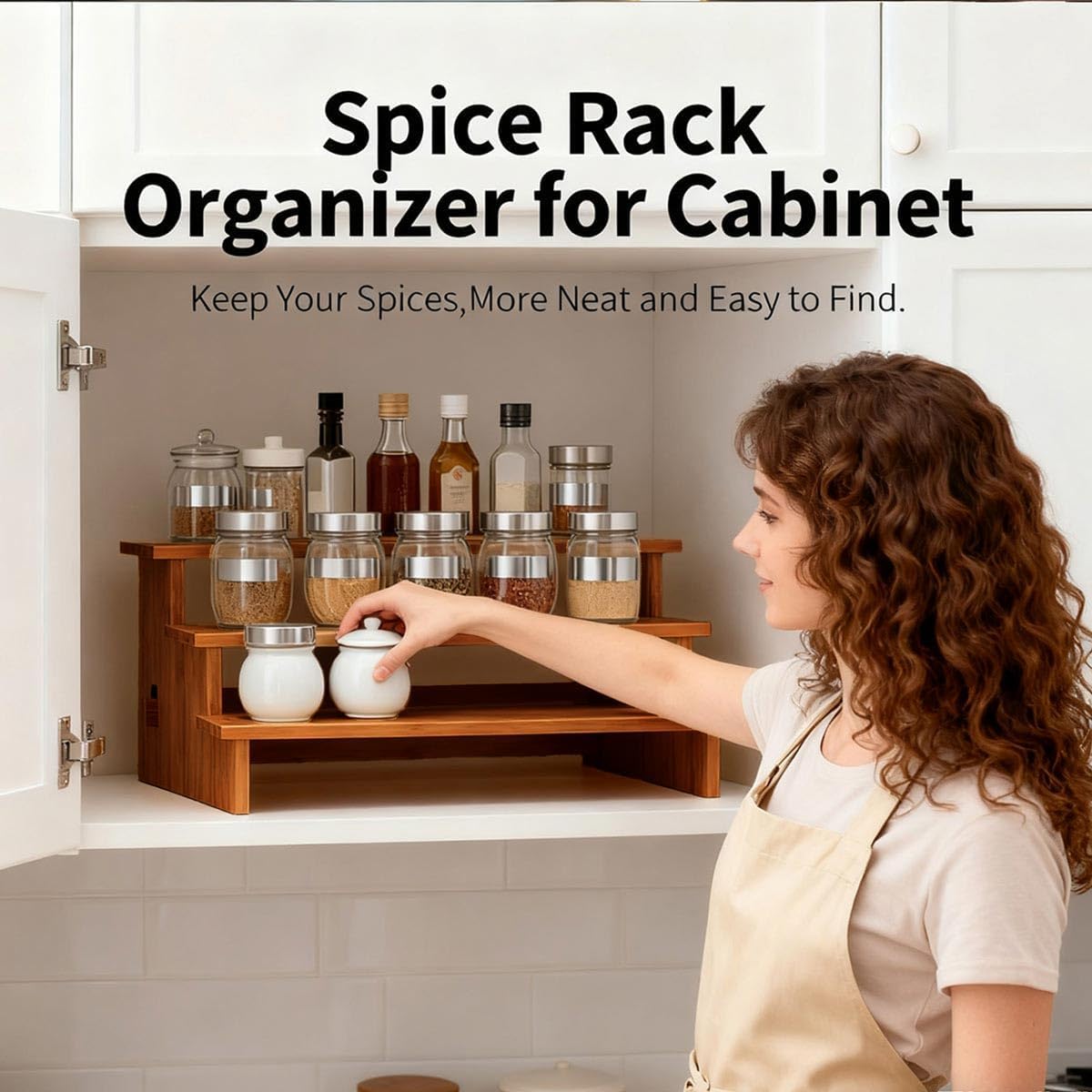 JinDoWin Cabinet Spice Organizer, Spice Organization for Cabinet, 3 Tier Spice Rack Organizer for Cabinet, Seasoning Organizer & Seasoning Rack, Kitchen Cabinet Organizer (1, Dark Bamboo)