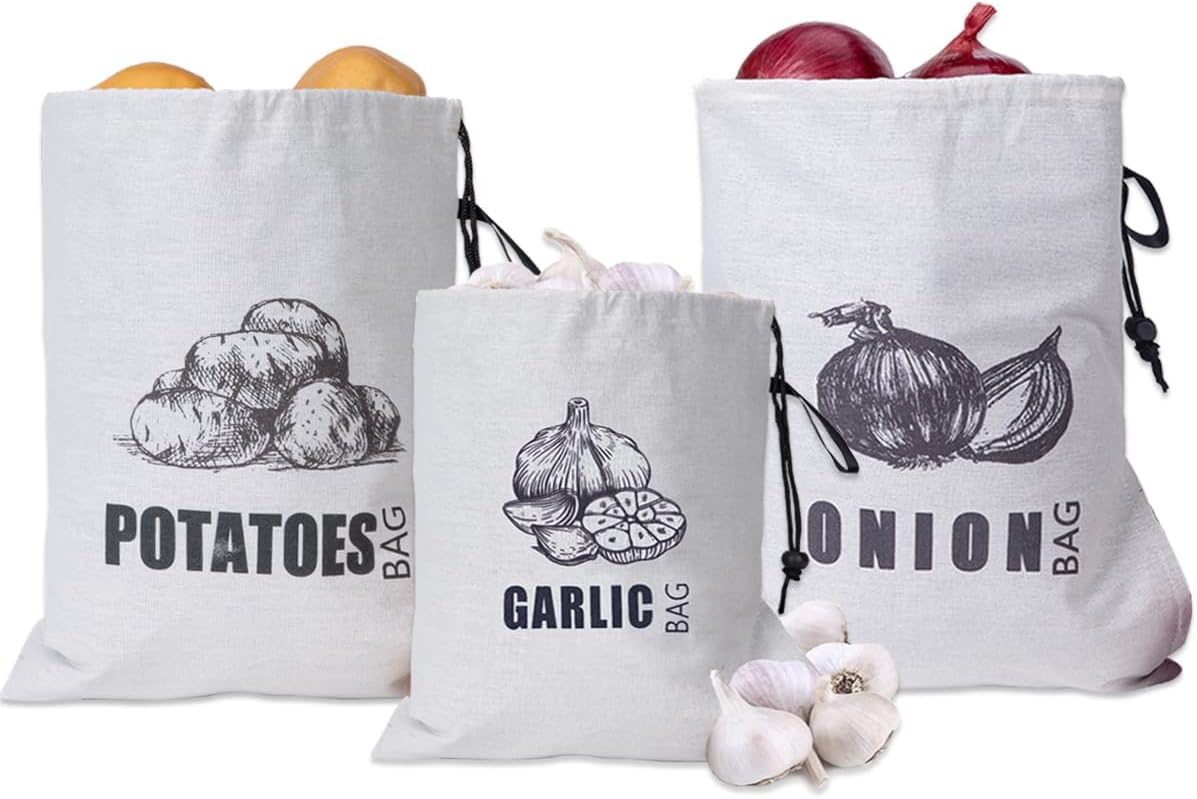 TOGETRUE Potato Onion Storage Bag, Fabric Onion and Potatoes Storage Bag, Washable Garlic Potatoes Onions Keeper with Drawstring for Pantry, 2 Pack (Potato Onion Bag)