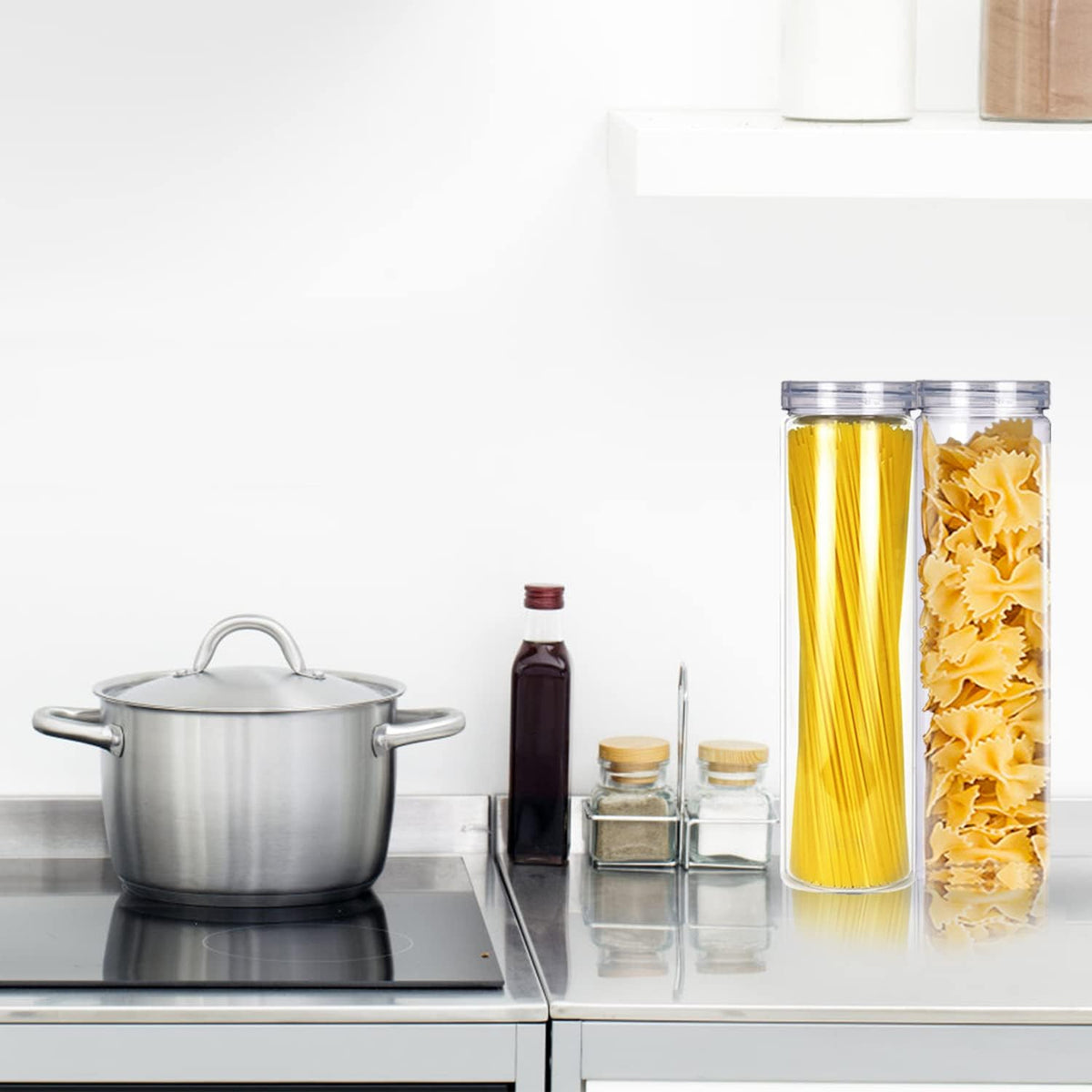 6Pcs Spaghetti Pasta Storage Containers with Lids,Tall Clear Pasta Storage Containe for Noodles Flour Cereal Sugar Beans, Spaghetti Pantry Container