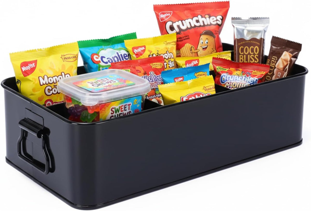Snack Organizer for Countertop, Metal Snack Holder with Handles,4 Compartment Snack Storage Basket for Coffee Station Organizer,Kitchen Pantry Organizers and Storage(Black)