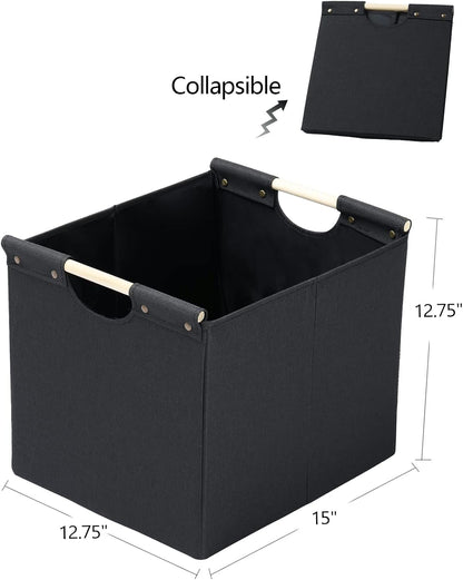 HOONEX Large Collapsible Storage Bins, Linen Fabric, Pack of 2, Storage Baskets with Wooden Carry Handles and Sturdy Heavy Cardboard, for Home, Office, Car, Nursery, Black