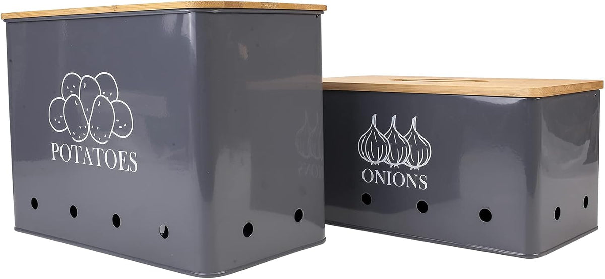 Potato and Onion Storage Bin Set of 2, Vented Metal Vegetable Storage with Wooden Lids, Farmhouse Kitchen Canisters for Countertop Pantry Organizer, Potato Bin Onion Holder for Produce Storage, Black