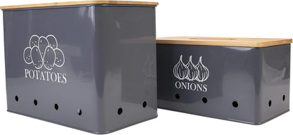 Potato and Onion Storage Bin Set of 2, Vented Metal Vegetable Storage with Wooden Lids, Farmhouse Kitchen Canisters for Countertop Pantry Organizer, Potato Bin Onion Holder for Produce Storage, Black
