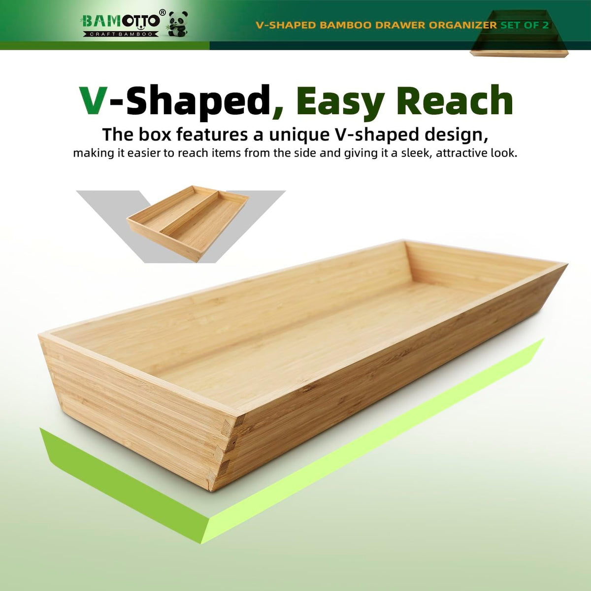 BAMOTTO CRAFTBAMBOO Stack Bamboo Drawer Organizer Set of 5, Kitchen Utensil, Flatware&Silverware Organizer-Wood Laminated Stackable for Kitchen, Bedroom, 13.4''x4.5''*2+10.2''x3.3''*2+10.2''x6.7''*1