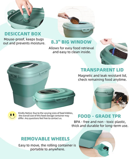 30-35 Lbs Dog Food Storage Container Collapsible Dog Food Container with Airtight Lids, Wheels, Scoop and 2pcs Food Storage Containers, Large Pet food storage for Dog, Cat
