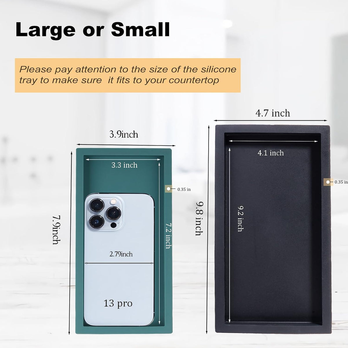 Small Silicone Bathroom Vanity Tray Rectangle Soap and Sponge Holder Kitchen Sink Organizer for Scrubber, Lotion Bottles, Perfume, Jewelry, Candle, Key Trinket Ring, Black