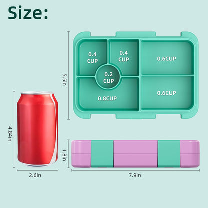 Bento Lunch Box for Kids, 6 Compartments BPA Free, Dishwasher Safe Back to School Snack Bento Lunch Containers Boxes, Ideal Portion Sizes for On-the-Go Meal, Ages 3+, School, Green Patterned