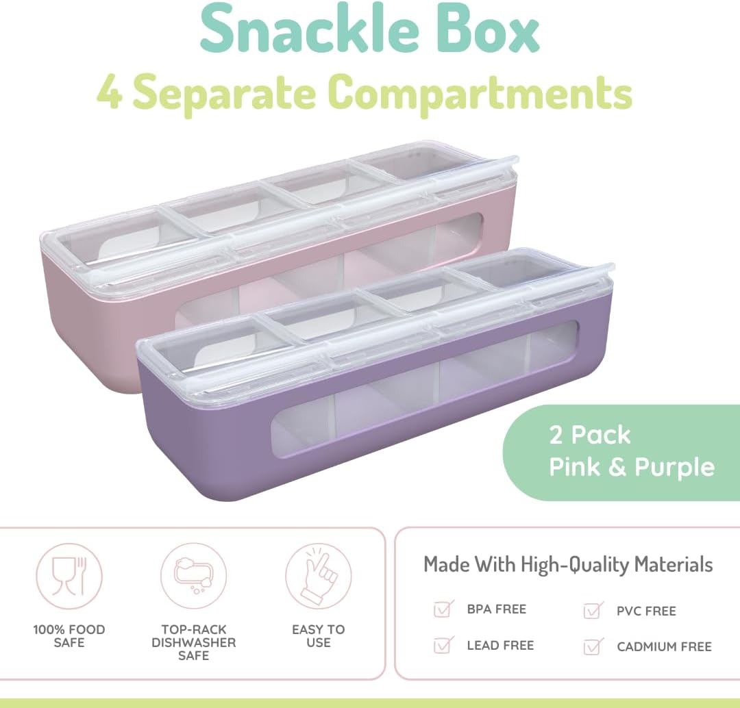 melii Snackle Box | 4 Compartment Snack Container with Individual Lids, BPA-Free Food Storage for Travel, School & On-the-Go Snacks, Kids & Family Organizer (Berry)