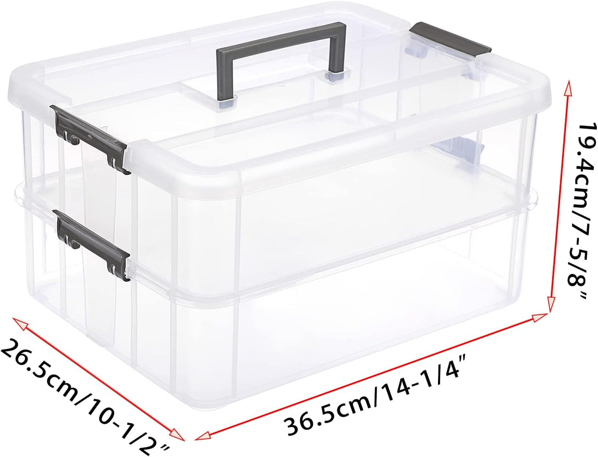 JUXYES 2-Tiers Stack Carry Storage Box With Handle, Transparent Stackable Storage Bin With Handle Lid Latching Storage Container for School & Office Supplies (Red)