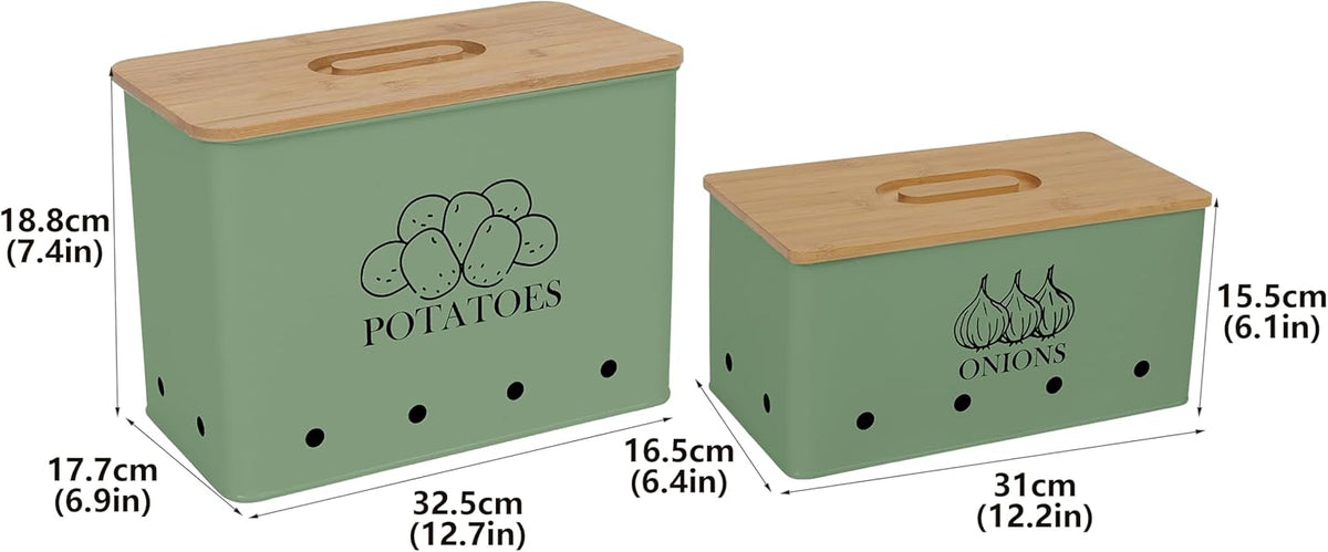 Potato and Onion Storage Bin Set of 2, Vented Metal Vegetable Storage with Wooden Lids, Farmhouse Kitchen Canisters for Countertop Pantry Organizer, Potato Bin Onion Holder for Produce Storage, Black