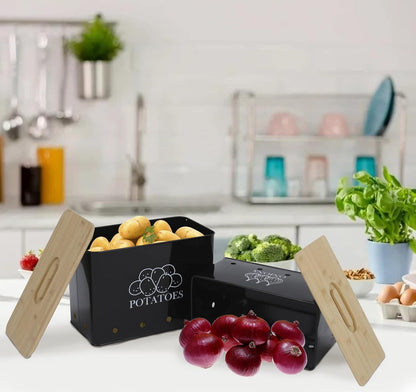 Potato Onion Storage Box, Food Container Sets, Storage Canisters for Vegeatables, Set of 2 Jars Pots Containers, Potato & Onion Bin with Aerating Tin Storage Holes & Bamboo Lid-White