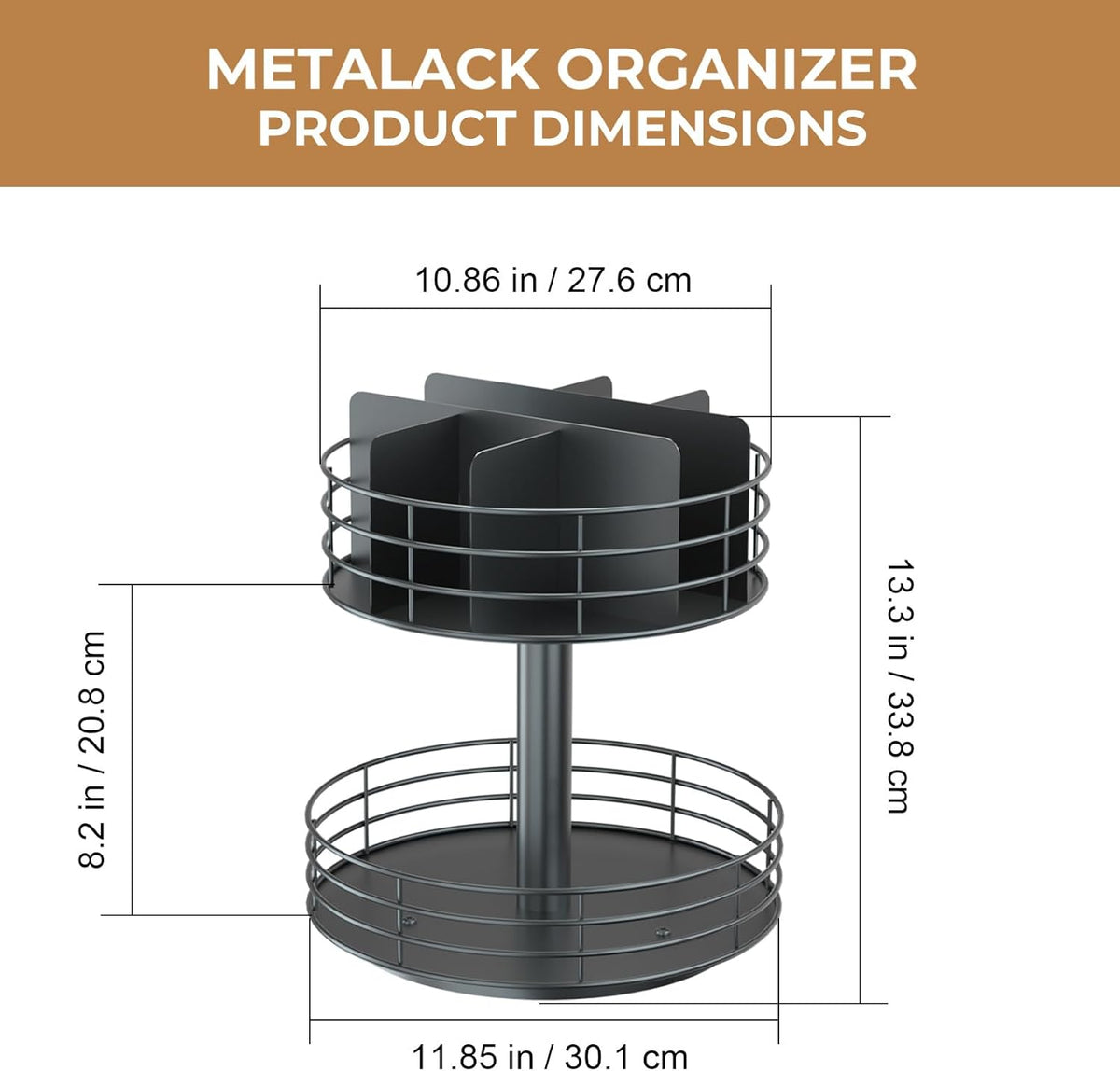 Snack Organizer - Versatile Snack Storage 2 Tier Lazy Susan with Convenient Grab-and-Go Design, Wood and Metal Snack Holder for Home, Office, Breakroom, 12.13" L x 12.13" W x 12.56" H