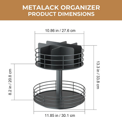 Snack Organizer - Versatile Snack Storage 2 Tier Lazy Susan with Convenient Grab-and-Go Design, Wood and Metal Snack Holder for Home, Office, Breakroom, 12.13" L x 12.13" W x 12.56" H