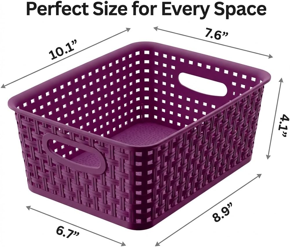 Khaki Stackable Storage Baskets, Plastic Weave Basket Organizer and Storage Set of 12, Pantry Organizing Baskets for Shelves, Kitchens, Bathrooms, Classrooms, Cabinets and Bedrooms