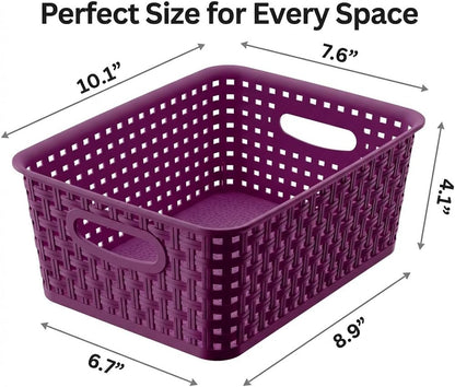 Khaki Stackable Storage Baskets, Plastic Weave Basket Organizer and Storage Set of 12, Pantry Organizing Baskets for Shelves, Kitchens, Bathrooms, Classrooms, Cabinets and Bedrooms