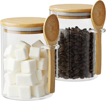 Glass Sugar Container with Spoon - 15oz Glass Jars with Bamboo Lid and Spoon, Bamboo Lid Storage Jar Canister for Coffee Beans, Spice, Brown Sugar, Tea, Flour, Nuts, Candy, Salts and More