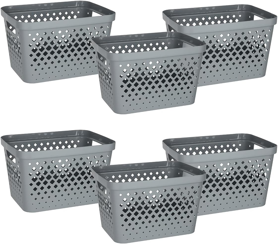 Glad Plastic Baskets for Organizing, Set of 6 | Pantry Storage for Under Counter, Linen Closet, and Bathroom | Nesting Shelf Bins with Handles, 1 Gallon, Grey